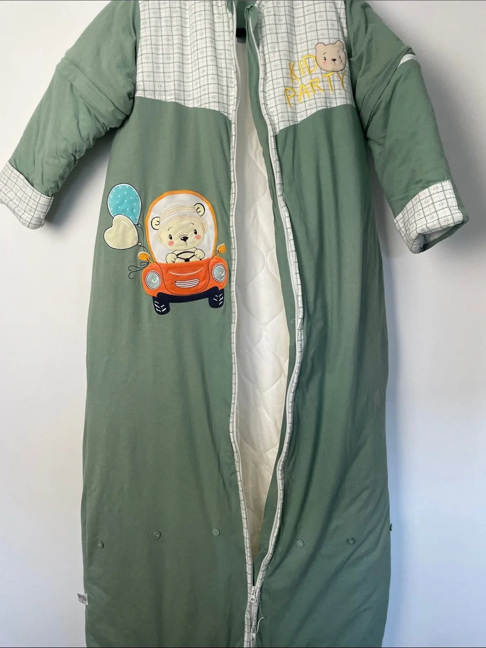 Baby Kids Sleep Bag Sack Removable Zip Arms Sage Green with Bear Car Graphic